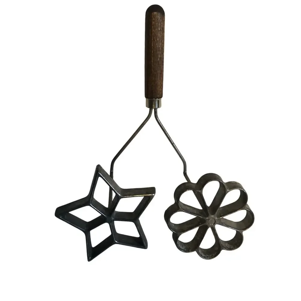 Metal Cookie Stamp Antique Wooden Handle 2 Stamps Star and Flower Vintage